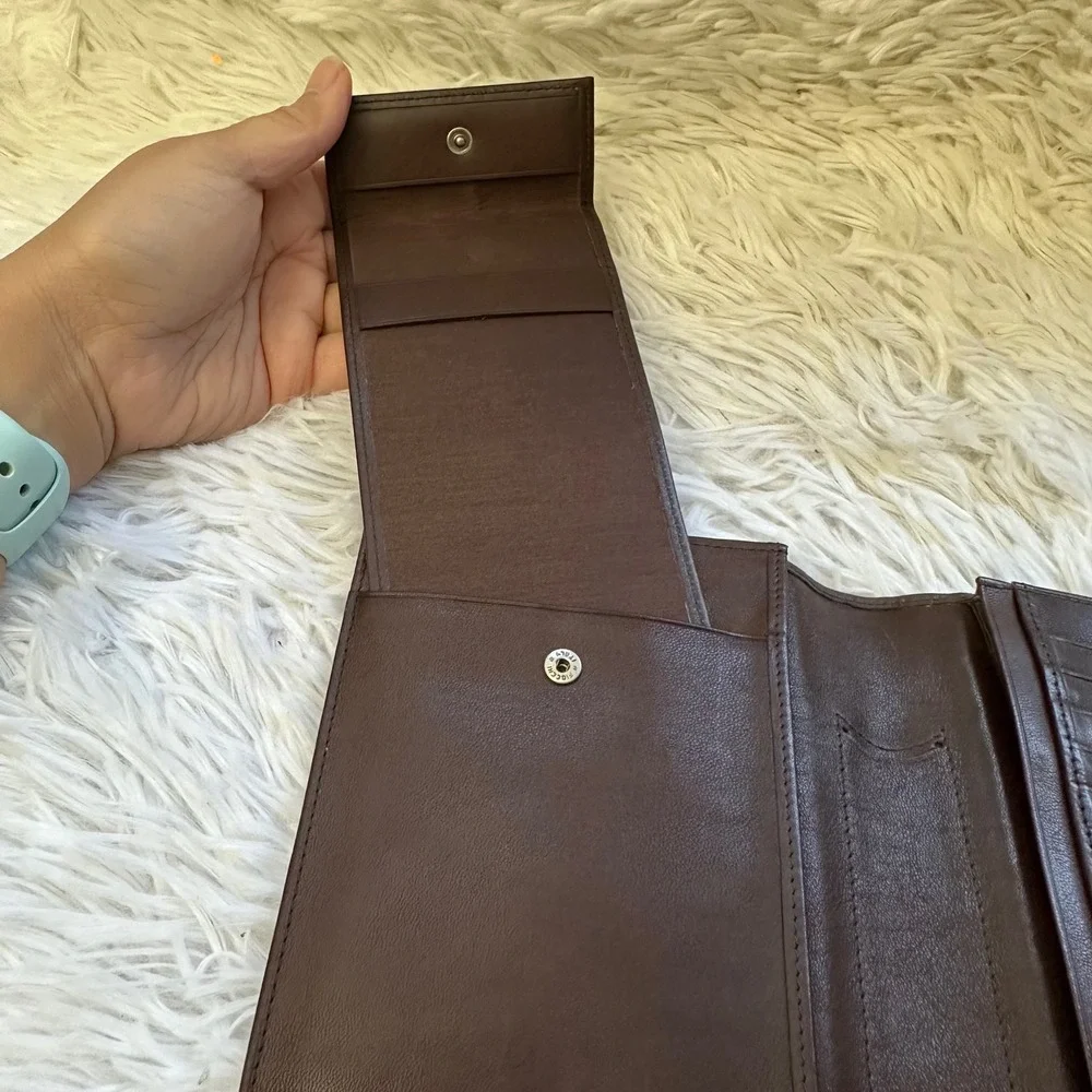 TUMI Vintage Brown Leather Long Bifold Organizer Wallet Card, Check Holder, Zip